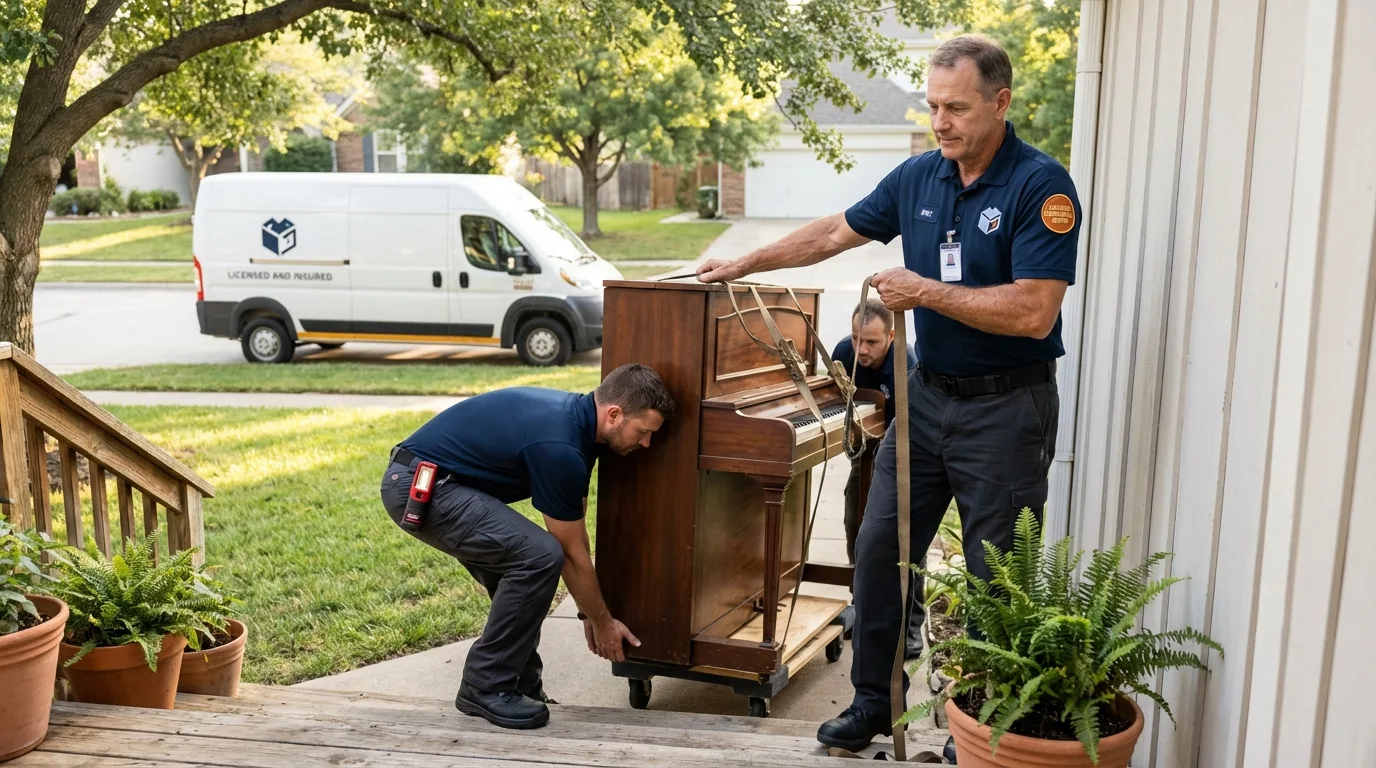 Licensed piano movers securing grand piano in Scarsdale, NY