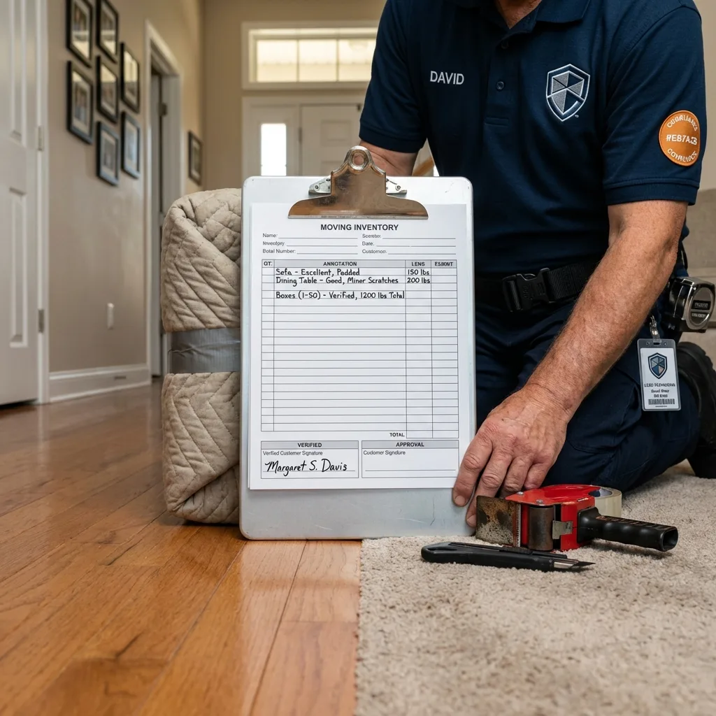 Clipboard with a signed moving inventory sheet resting on a padded sofa arm