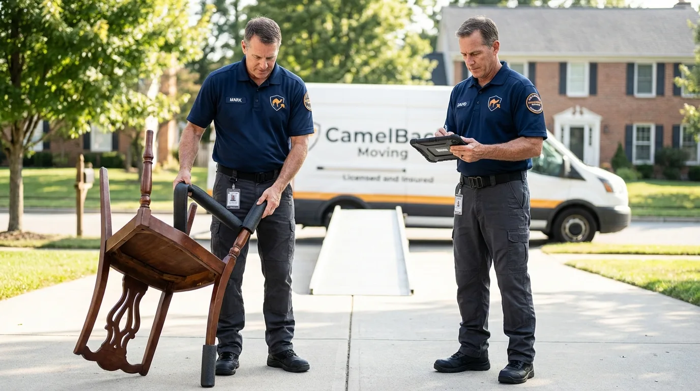 Movers inspecting furniture for damage prevention before loading in Scarsdale, NY